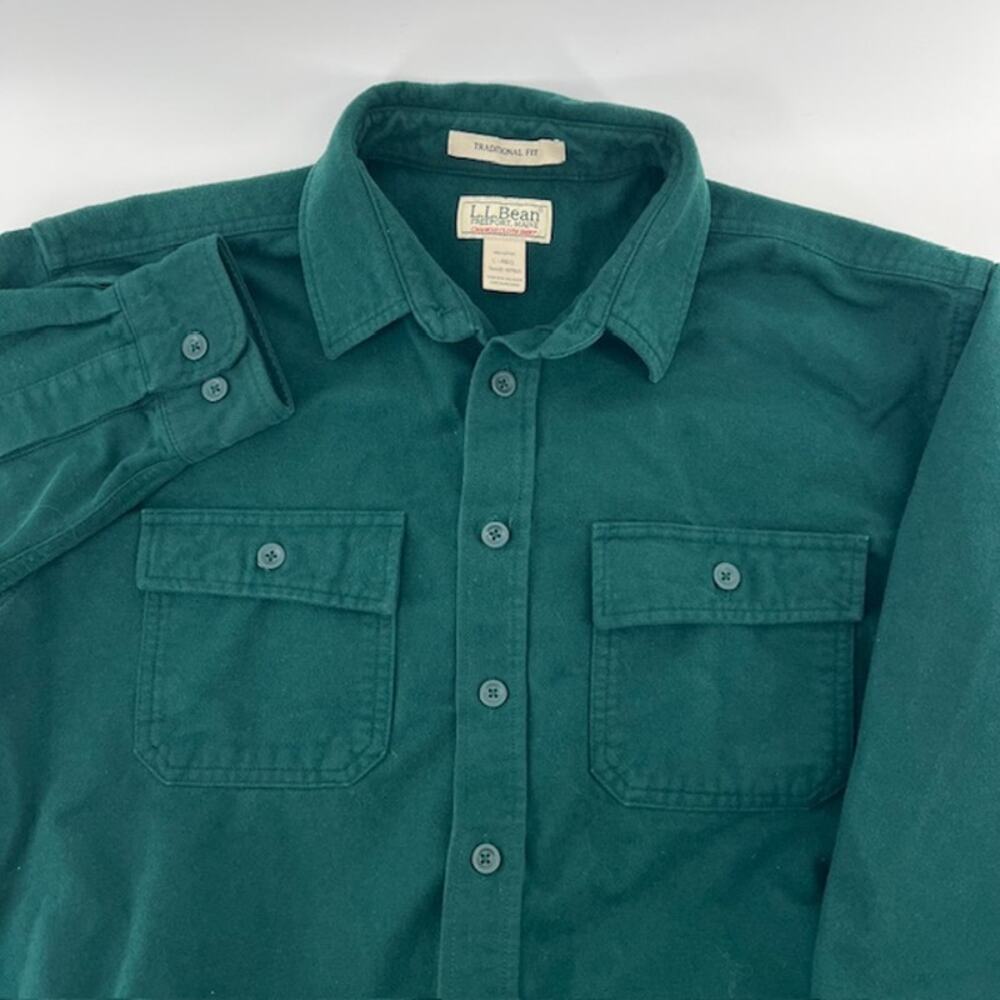 VTG LL Bean Chamios Cloth Shirt Mens L-REG Green 100% Cotton Flannel Button Up